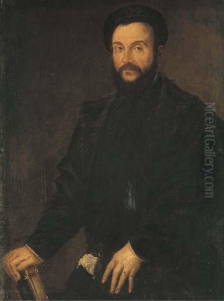 Portrait D'un Homme A Mi-corps, Portant Un Costume Noir Et Tenantun Livre Oil Painting by Tiziano Vecellio (Titian)