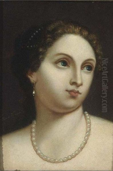 A Portrait Of A Young Woman With A Pearl Necklace Oil Painting by Tiziano Vecellio (Titian)