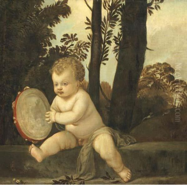 A Putto Playing The Tambourine In A Wooded Landscape Oil Painting by Tiziano Vecellio (Titian)