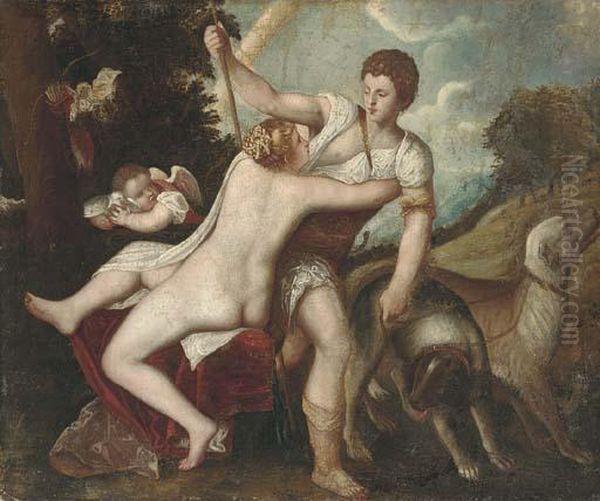 Venus And Adonis Oil Painting by Tiziano Vecellio (Titian)