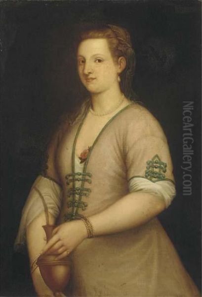 Portrait Of A Lady, Three-quarter-length, Holding An Urn Oil Painting by Tiziano Vecellio (Titian)