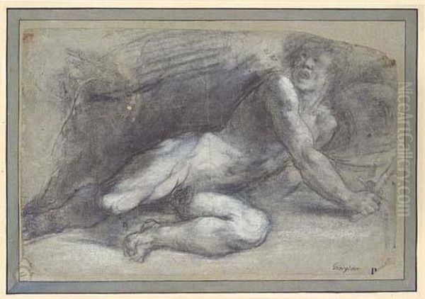 A Fallen Warrior Twisting Around To The Left Holding A Sword Andshield Oil Painting by Tiziano Vecellio (Titian)