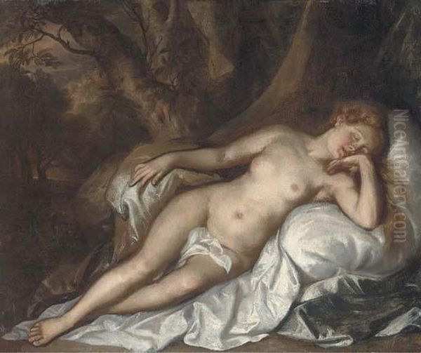 Study Of A Sleeping Nymph In A Woodland Landscape Oil Painting by Tiziano Vecellio (Titian)