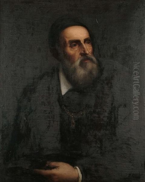 A Portrait Of The Artist, Half-length, In A Black Fur-trimmed Coat With A White Collar Oil Painting by Tiziano Vecellio (Titian)