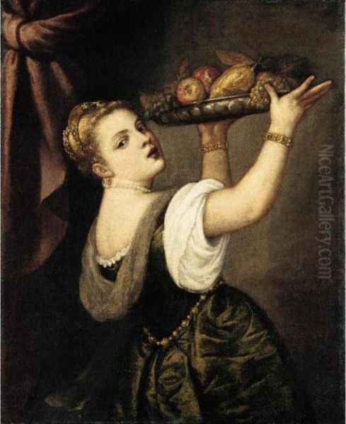 Portrait Of A Young Woman, Half-length, Holding Up A Tray Of Fruit Oil Painting by Tiziano Vecellio (Titian)