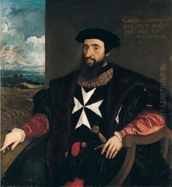 Portrait Of Gabriele Tadino 
(1480-1544), Three-quarter Length Seated, Wearing The Robes Of The Order
 Of The Knights Of Malta, A Landscape With Cannons Beyond Oil Painting by Tiziano Vecellio (Titian)