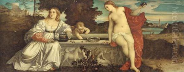 Sacred And Profane Love Oil Painting by Tiziano Vecellio (Titian)