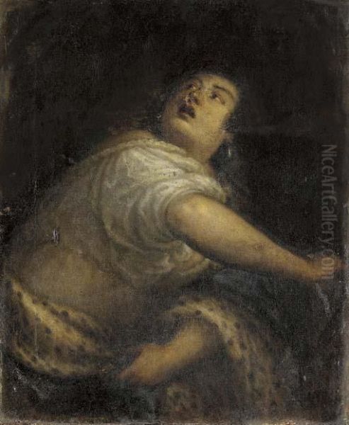 A Female In Distress Looking Up Oil Painting by Tiziano Vecellio (Titian)