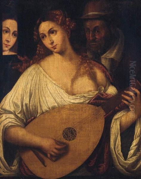 A Woman Playing The Lute By An Old Man Oil Painting by Tiziano Vecellio (Titian)