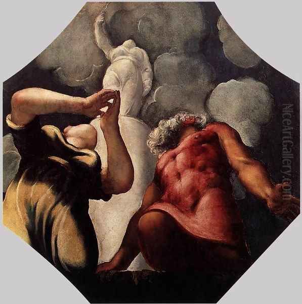 Deucalion and Pyrrha Praying before the Statue of the Goddess Themis 2 Oil Painting by Jacopo Tintoretto (Robusti)