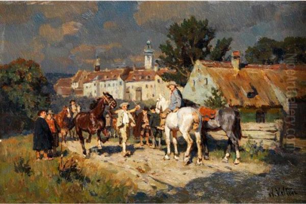 Pferdemarkt Vor Einer Kleinstadt Oil Painting by Wilhelm Velten