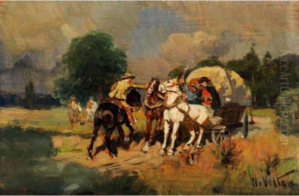 Genreszene Mit Planwagen Undreiter Oil Painting by Wilhelm Velten