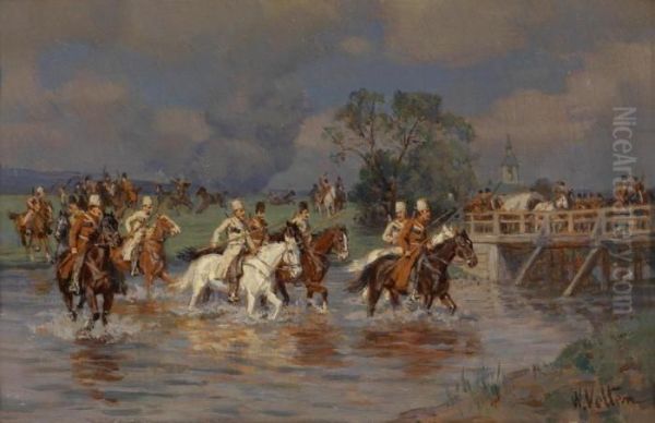 Riderscrossing A Ford Oil Painting by Wilhelm Velten