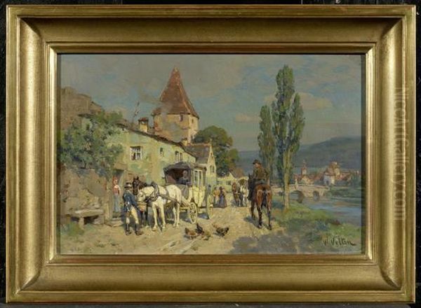 Landscape With A River, Carriage And Riders Oil Painting by Wilhelm Velten