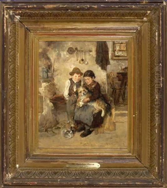 Erste Hilfe - Bub Und Madchen Im Kucheninterieur Beim Verarzten Eines Kleinen Hundes Oil Painting by Wilhelm Velten