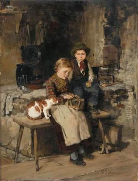 Les Enfants A La Cage Oil Painting by Wilhelm Velten