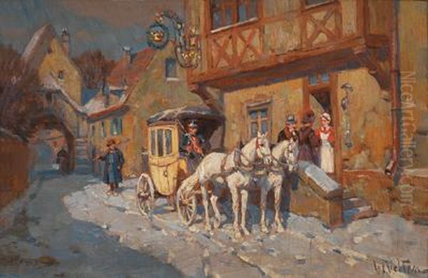 Postkutsche Vor Demdorfgasthof Oil Painting by Wilhelm Velten