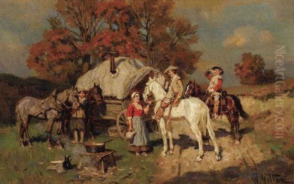 Stopping For A Drink At The Gypsy Camp Oil Painting by Wilhelm Velten