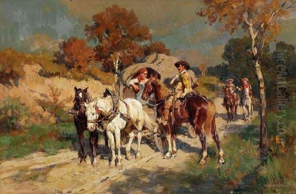 Kutsche Und Reiter Auf Einem Feldweg Oil Painting by Wilhelm Velten