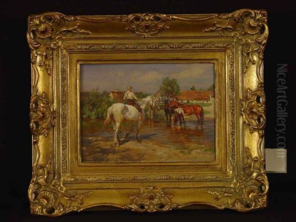 Stallburschen Mit Pferden Am Flussufer Oil Painting by Wilhelm Velten