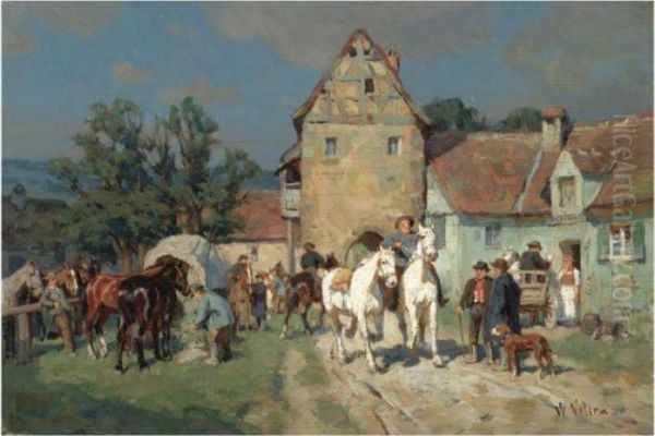 Village Scene Oil Painting by Wilhelm Velten