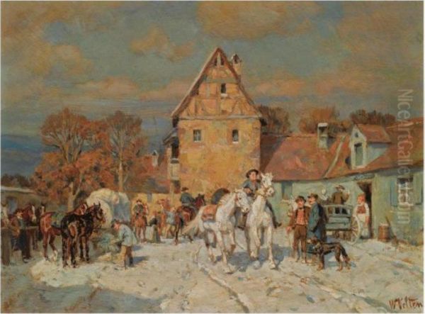 Many Figures In A Wintry Village Oil Painting by Wilhelm Velten