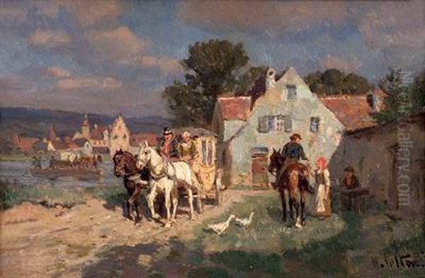 Haus Am Fluss Mit Fahre Und Kutsche Oil Painting by Wilhelm Velten