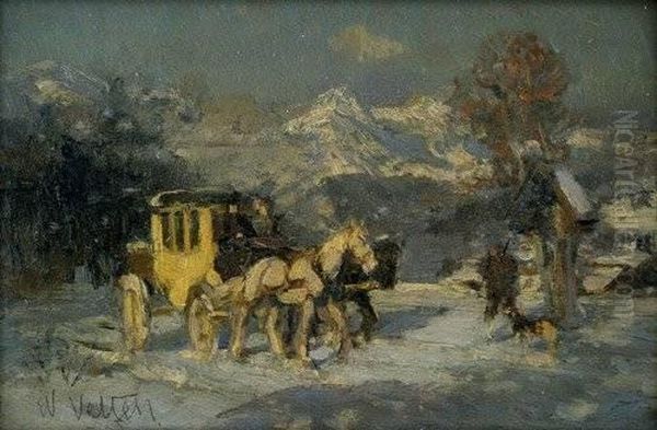 Postkutsche Und Wanderer Mit Hund Bei Einem Bildstock In Winterlicher Landschaft Oil Painting by Wilhelm Velten