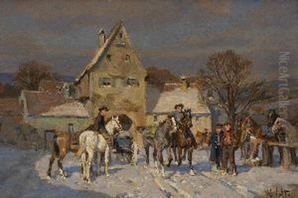 Winterlicher Pferdemarkt. Oil Painting by Wilhelm Velten