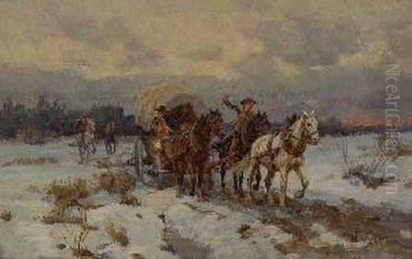 Pfedefuhrwerk Und Reiter In
 Winterlandschaft Oil Painting by Wilhelm Velten