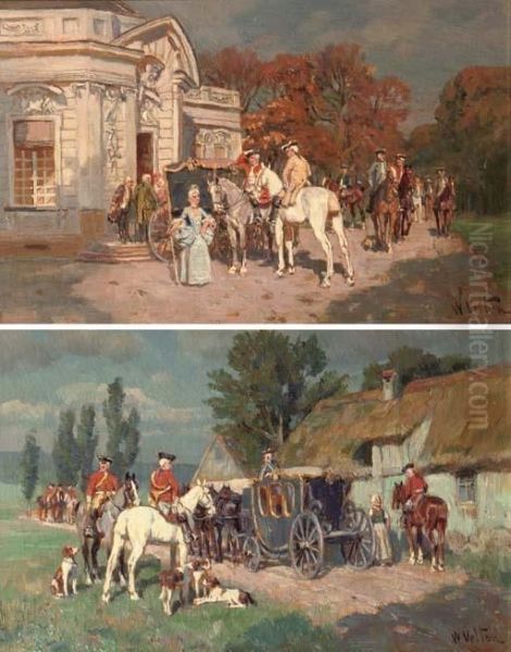 Arriving At The Pavilion; And A Rest From The Hunt Oil Painting by Wilhelm Velten