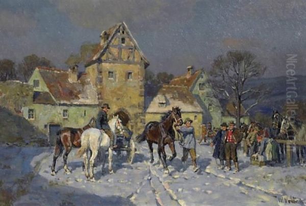 Horsemarket In Front Of The Village Oil Painting by Wilhelm Velten