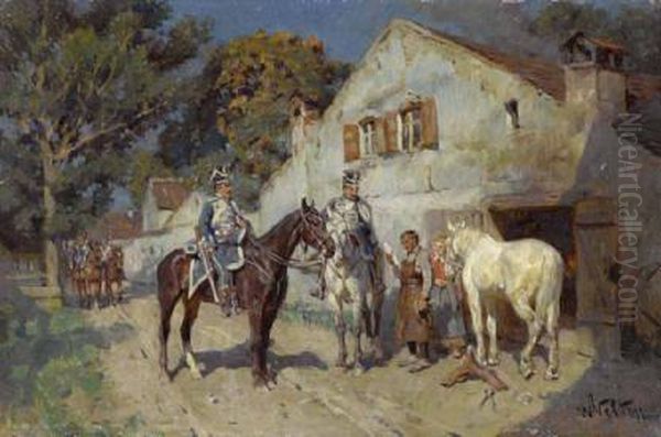 Zwei Berittene Soldaten Vor Einer Schmiede. Oil Painting by Wilhelm Velten