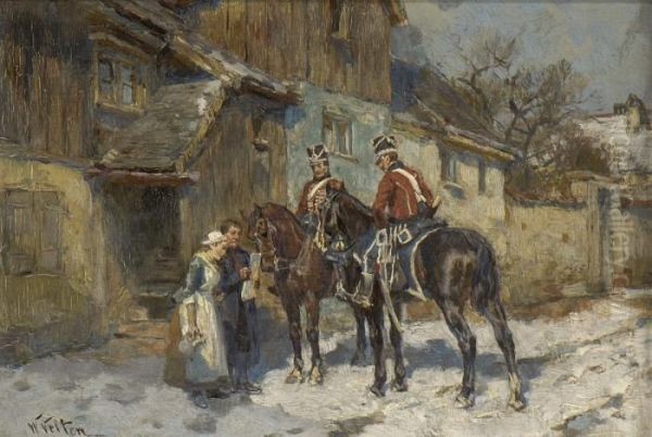 Zwei Gendarmen Vor Dem
 Dorfgasthaus. Oil Painting by Wilhelm Velten