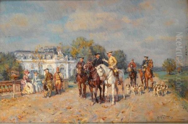 Elegant Hunters On Horse Back Oil Painting by Wilhelm Velten