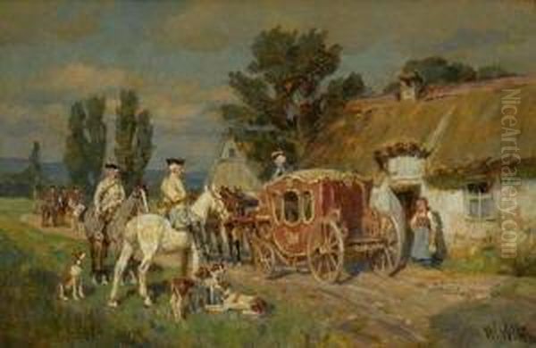 Halt Der Kutsche Vor Dem
 Bauernhaus. Oil Painting by Wilhelm Velten