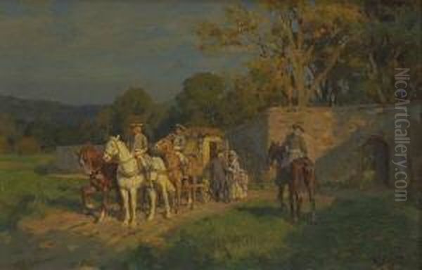 Halt Der Postkutsche An Der
 Schlossmauer. Oil Painting by Wilhelm Velten