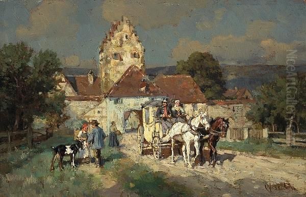 A Carriage With Peasant Figures Outside A Village Oil Painting by Wilhelm Velten