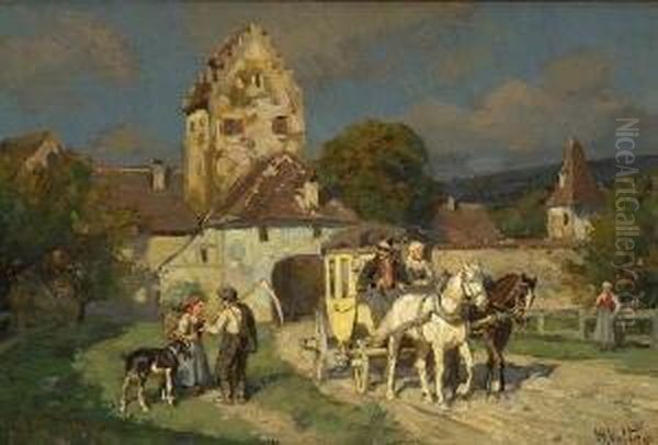 Postkutsche Vor Dem
 Stadttor. Oil Painting by Wilhelm Velten