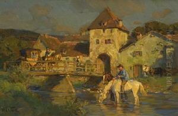 Bauer Mit Pferden Im Fluss Oil Painting by Wilhelm Velten