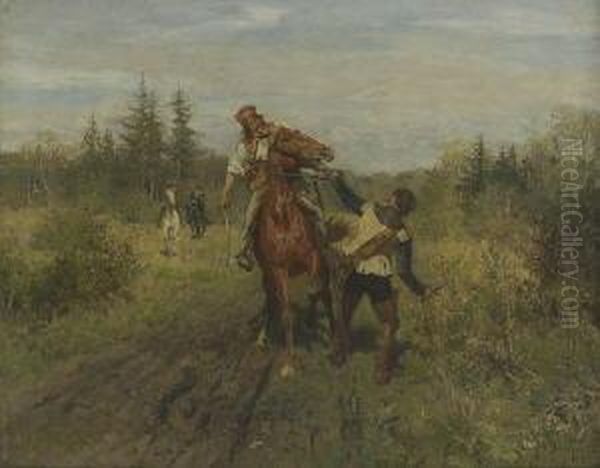 Uberfall Auf Dem Waldweg. Oil Painting by Wilhelm Velten