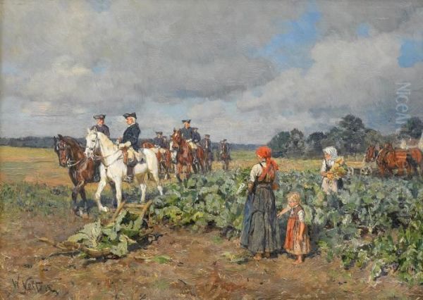 Huntsmen Passing Through A Cabbage Field Oil Painting by Wilhelm Velten