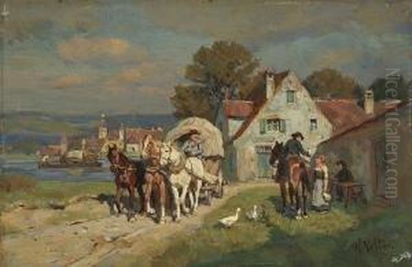 Rast Vor Dem Gasthaus Am
 Fluss. Oil Painting by Wilhelm Velten