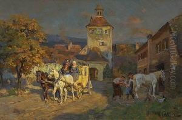 Postkutsche Vor Dem
 Stadtor. Oil Painting by Wilhelm Velten