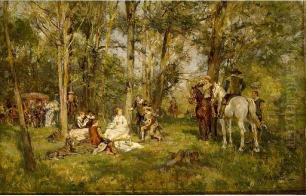 A Hunting Company Oil Painting by Wilhelm Velten