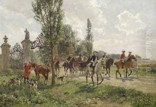 Jagdgesellschaft Vor Dem Tor Zum
 Schlosspark. Oil Painting by Wilhelm Velten