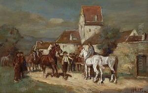 Pferdemarkt Vor Dem Dorf. Oil Painting by Wilhelm Velten