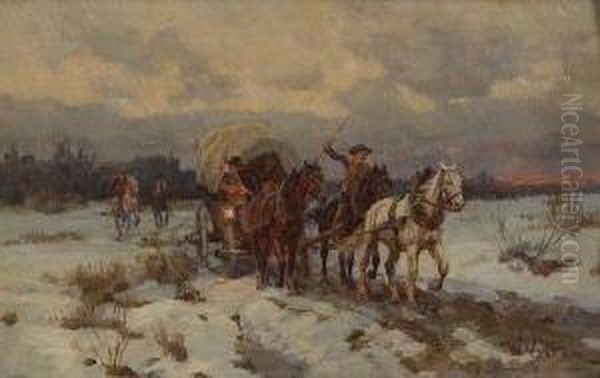 Pferdefuhrwerk Und Reiter In
 Winterlandschaft Oil Painting by Wilhelm Velten