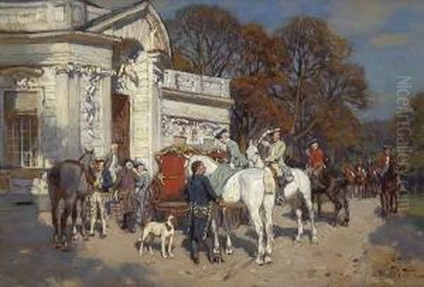 Hofische Jagdgesellschaft Vor Der
 Amalienburg Im Nymphenburger Schlosspark. Oil Painting by Wilhelm Velten