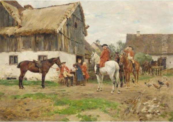 Riders Taking A Rest In The Village Oil Painting by Wilhelm Velten